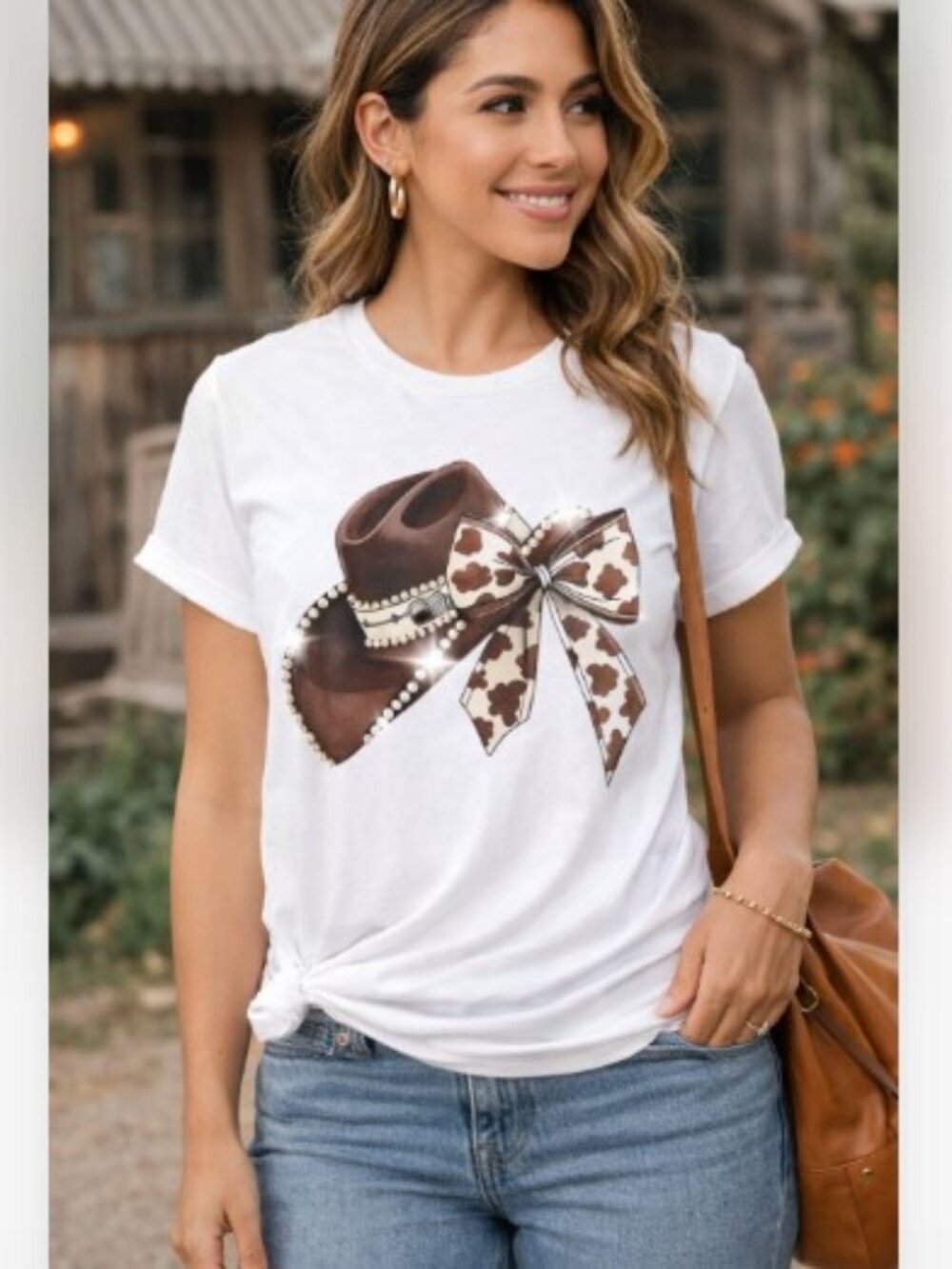 White Short Sleeve Tee with Pearl Western Element Hat & Bow Graphic